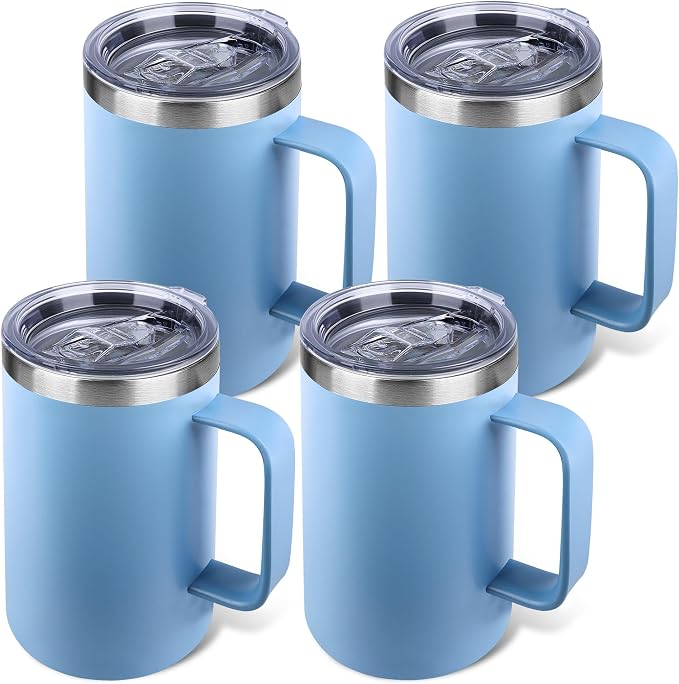 22oz Insulated Coffee Mug with Handle & Leak-Proof Lid - Double Wall Stainless Steel Travel Tumbler Bulk for Commute/Office/Home, Blue, 4 Pack by Unknown