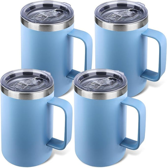 22oz Insulated Coffee Mug with Handle & Leak-Proof Lid - Double Wall Stainless Steel Travel Tumbler Bulk for Commute/Office/Home, Blue, 4 Pack by Unknown