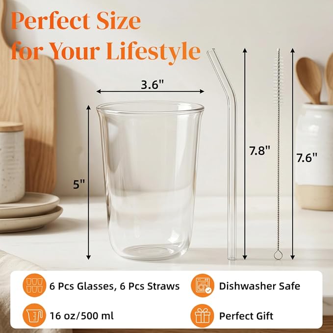 6 Pieces Drinking Glasses with Straw, 16 Oz Clear Water Glass Set | Lead-free Highball Glass Cup Kitchen Glassware for Juice, Beverage, Cocktail, Ice Tea, Coffee, Soda - Image 2