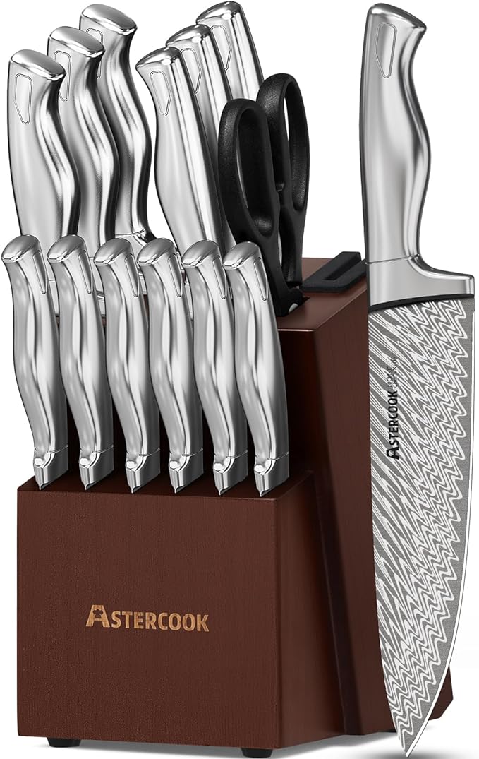 Astercook Knife Set, 15-Piece Kitchen Knife Set with Block, Built-in Knife Sharpener, German Stainless Steel Knife Block Set, Dishwasher Safe Kitchen Utensils Set by Astercook