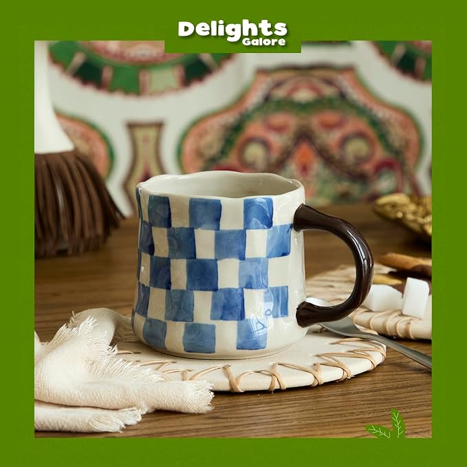 Retro Checkered Ceramic Coffee Mug 16Oz - Extra Large Handle, Microwave Safe Vintage Patterned Tea Cup for Home, Office Blue and White Checkered Pattern, Brown Handle - Image 2