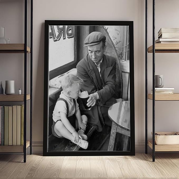 UXCBIA Boy Sipping First Beer, Father And Son at The Bar 1950s, Black And White Retro Pub Poster Canvas Poster Bedroom Decor Sports Landscape Office Room Decor Gift Black Frame 08x12in(20x30cm) - Image 4