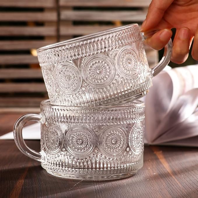 Vintage Glass Coffee Mugs Set of 4, 14 Ounces Embossed Glass Coffee Cups Stackable Coffee Mugs for Cereal, Yogurt, Latte, Clear Breakfast Cups with Handle for Beverages (Sunflower*4) - Image 8