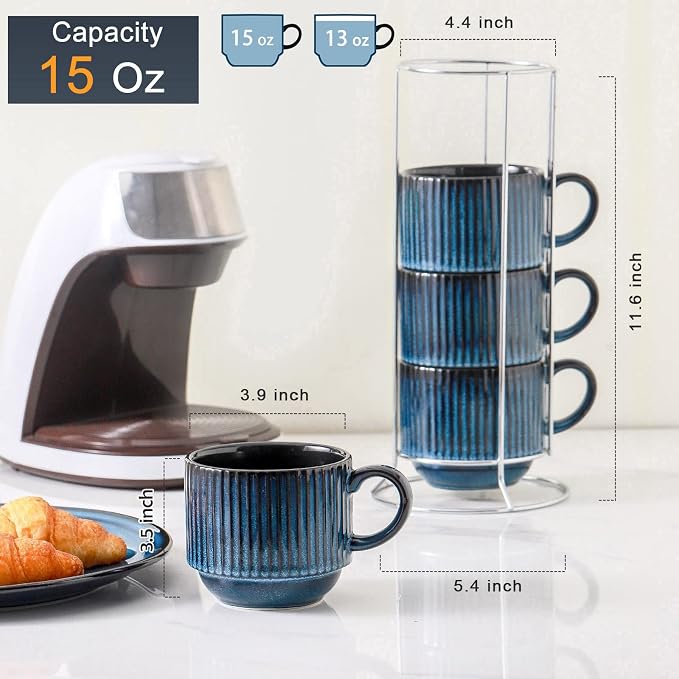 HASENSE 15 Oz Ribbed Stackable Coffee Mug Set of 4, Ceramic Latte Cups with Metal Stand, Dishwasher & Microwave Safe, Navy Blue for Cappuccino Tea Hot Cocoa - Image 3