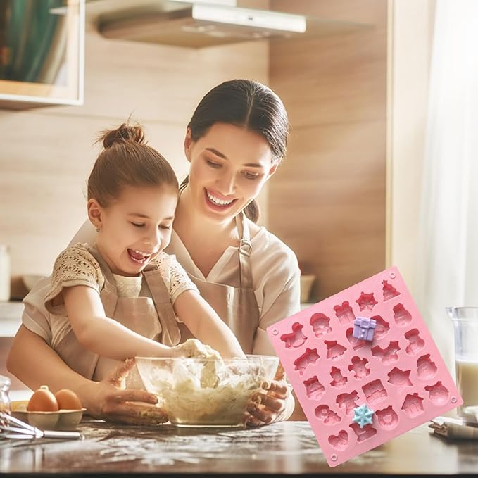 1 Pcs Christmas Silicone Molds for Chocolate Cavity Round Silicone Baking Mold with Santa Claus Snowman Snowflake Elk Shape Design for Candy Chocolate Cookie Mini Cake Jelly Dishwasher