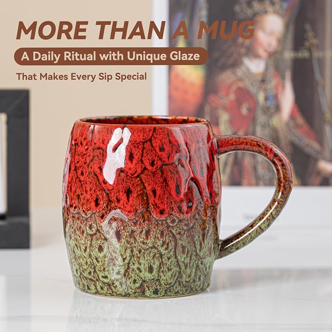 Handmade 22oz Ceramic Coffee Mug, Ergonomic Large Handle, Ideal Gift for Coffee Lovers, Microwave & Dishwasher Safe (Bas-Relief - Red&Green) - Image 6