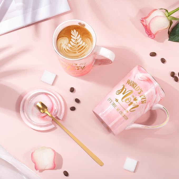Mothers Day Birthday Gifts for Mom from Daughter Son Kids - 14Oz Funny Best Mom Mug with Gold Print, Unique Pink Marble Coffee Cup with Lid Spoon Greeting Card, Unique Moms Cup Gifts-Boxed Set - Image 5