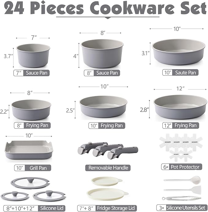 SENSARTE 24 Piece Ceramic Detachable Handle Pots and Pans Set Gray | Ceramic Cookware Set, Induction Cookware Set with Removable Handle, Healthy Non Stick for RV, Dishwasher ＆ Oven Safe - Image 2