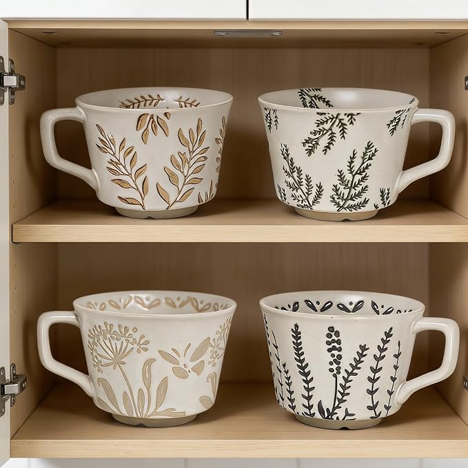 Vintage Ceramic Mug Set - 12 oz Unique Ceramic Coffee Mugs & Tea Cups with Hand-Drawn Patterns, Dishwasher & Microwave Safe, Ideal Gift - Image 7