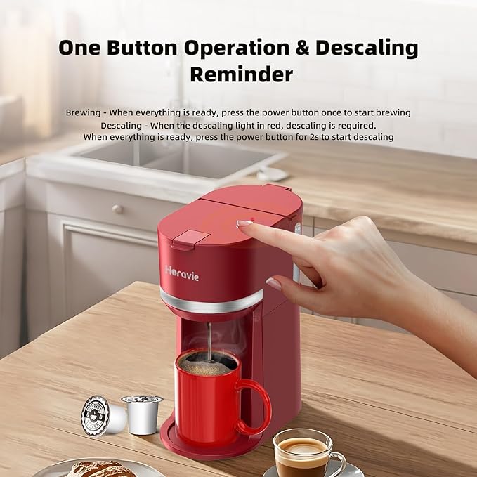 Horavie Mini Single Serve Coffee Maker for K-Cup Pods and Grounds, Fast Brew One Cup Coffee Machine with Descaling Reminder and Water Window, 6 to 12 oz. Brew Sizes, Red - Image 3