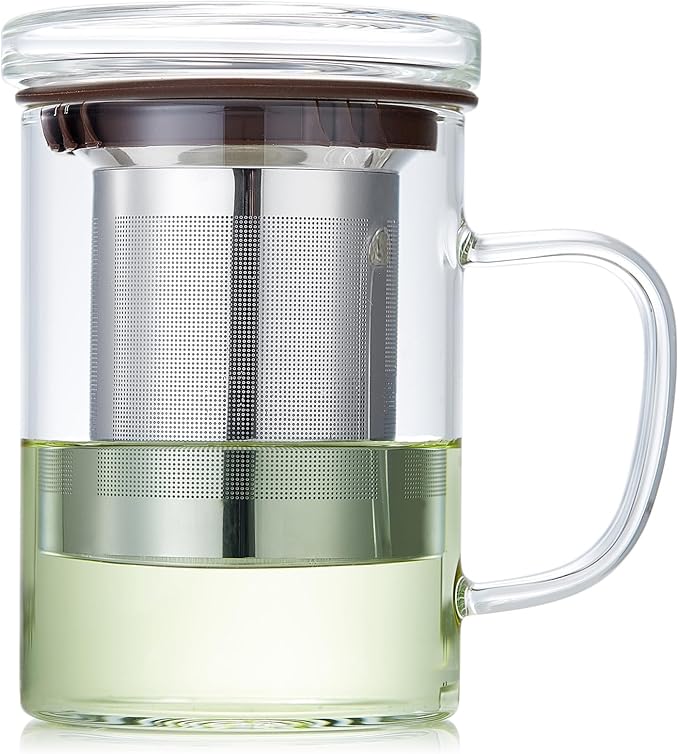 Glass Tea Cup with Infuser and Lid, 400ml Large Borosilicate Teacup, Clear Mug for Loose Leaf Tea, Blooming Tea, Tea Bags - Perfect Christmas or Birthday Gift for Women