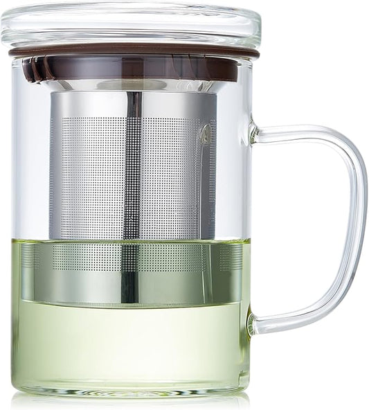 Glass Tea Cup with Infuser and Lid, 400ml Large Borosilicate Teacup, Clear Mug for Loose Leaf Tea, Blooming Tea, Tea Bags - Perfect Christmas or Birthday Gift for Women