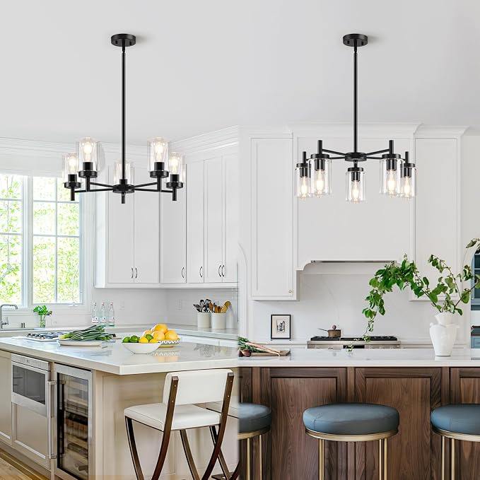 5 Lights Black Modern Farmhouse Chandelier for Dining Room with Glass Shade, Pre-Wired Height Adjustable Pendant Light Ceiling Lighting Fixture for Dining Living Room Bedroom Kitchen Foyer - Image 7