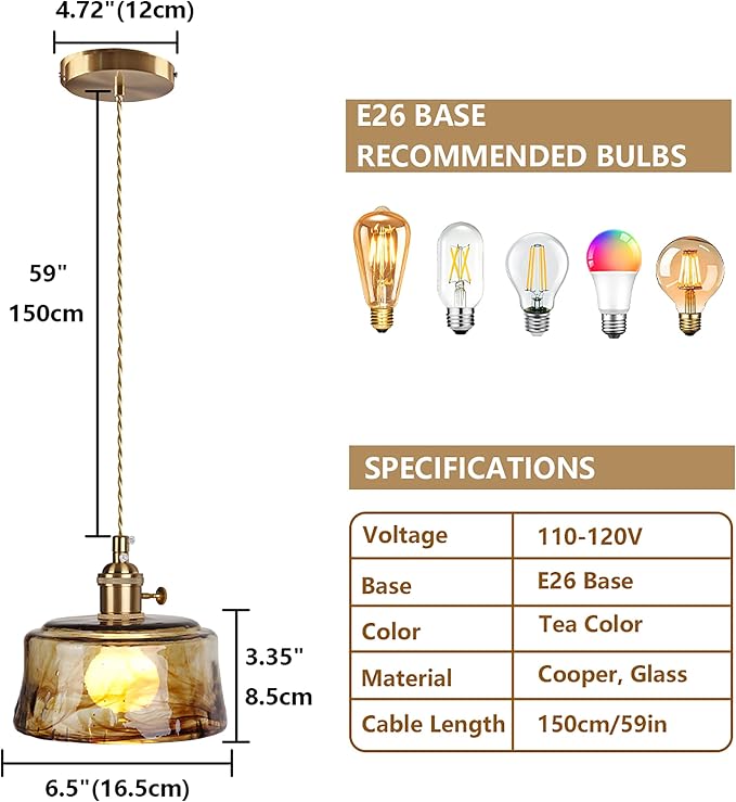 Sedelan Galss Pendant Light, Vintage Pendant Lights Kitchen Island Adjustable Tea Color-Amber Hanging Light Fixture for Living Room Dining Room Bedroom E26 - Image 9