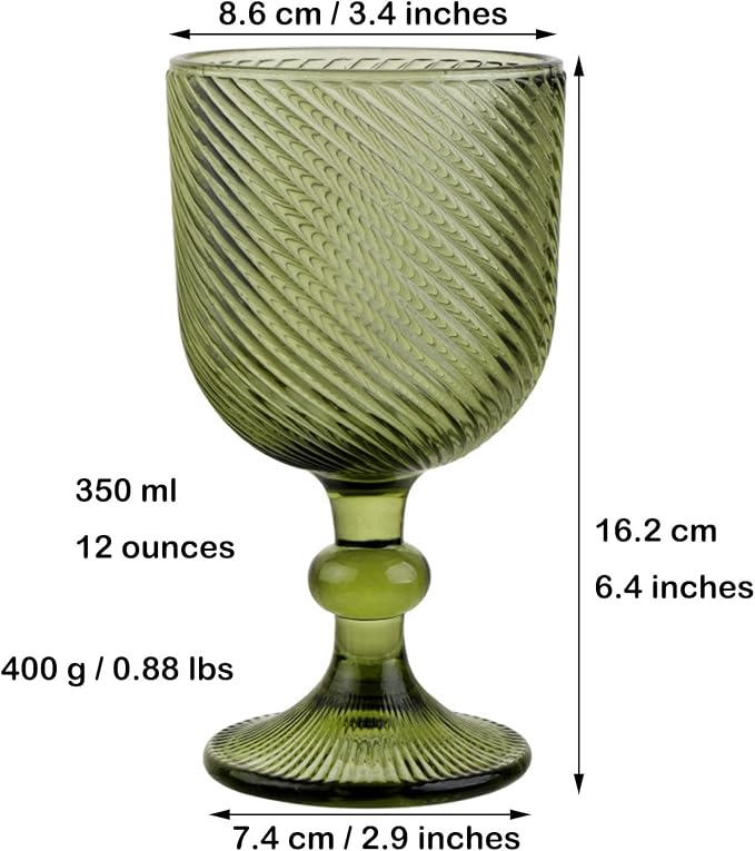 Taganov Green Glasses Drinking Wine Water Goblets Glassware set of 6 Vintage Stem Glasses Stemware 12 Ounces for Wedding Party Bar Twill Pattern Striped 350 ml - Image 7
