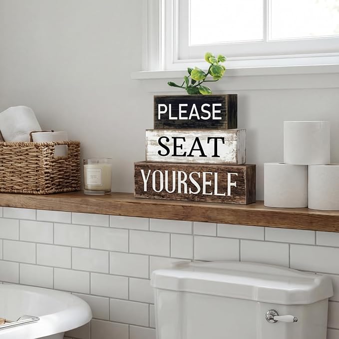 Moucuny 4 Pcs Bathroom Shelf Decor Farmhouse Bathroom Decor and Accessories Please Seat Yourself Sign Rustic Eucalyptus Leaves Wood Block Sign Gift Home Table Centerpiece for Home Office - Image 7