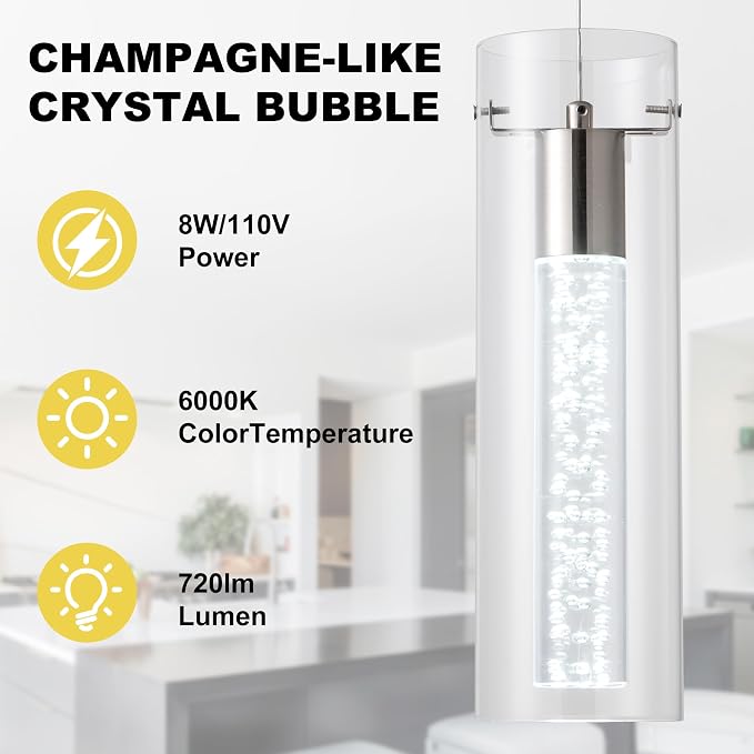 Pendant Ceiling Light Fixture, LED Kitchen Lighting Crystal Pendant Lights Kitchen Island, Kitchen Hanging Light Fixture Modern Island Light with Bubble Glass Three Pack - Image 3