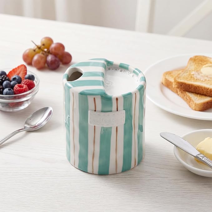 1 Pack Ceramic Coffee Mug with Sip Hole Espresso Cup 10oz with Straws Retro Hand Painted Striped Ceramic Iced Coffee Tea Travel Mug Latte Cup for Kitchen Dining (Simple,Blue and Brown) - Image 7