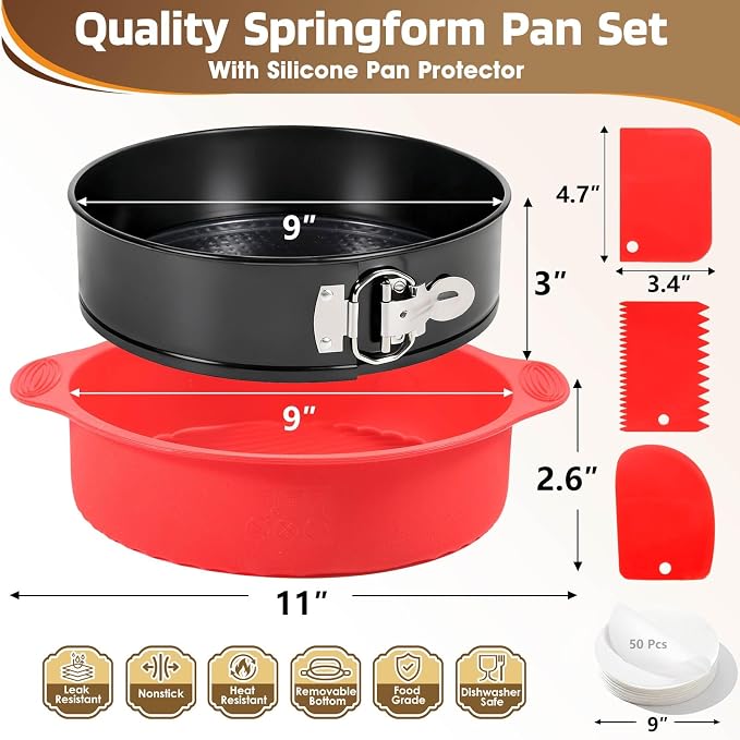 MASSUGAR 9 Inch Springform Pan, Nonstick Cheesecake Pan with Silicone Protector, 50 Pcs Parchment Paper Liners & 3 Cake Scrapers, No Leaks in Water Bath, Leakproof Round Cake Pan with Removable Bottom - Image 2