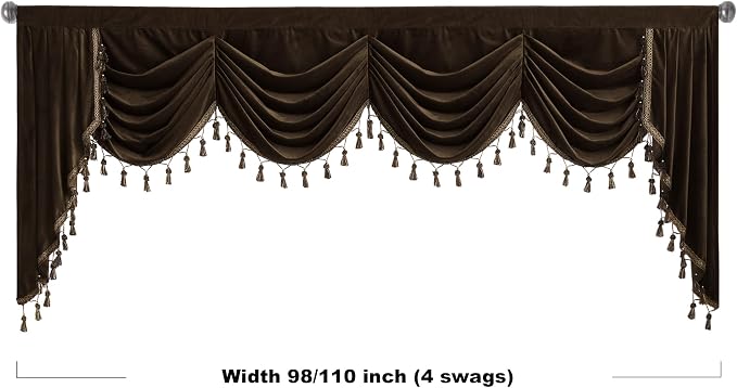 Extra Wide Brown Waterfall Valance Curtain W98 inches, 1 Panel | Super Soft Thick Heavy Velvet Fabric, Light Blocking Window Drapes Rod Pocket for Bay Window, Kitchen - Image 4