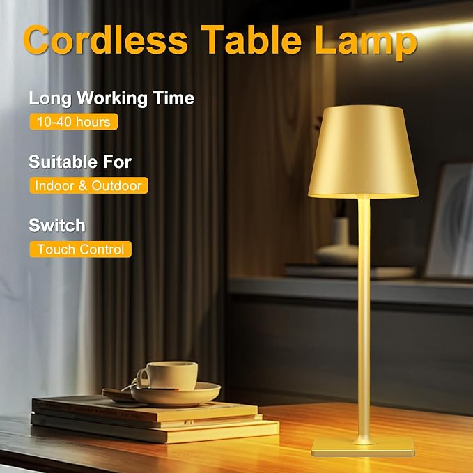 Yogaret Gold Rechargeable Cordless Table Lamp, Battery Operated, 2 Pack | 6000mAh battery lamps waterproof wireless portable design for outdoor patio, dining tables, kitchens, restaurants home bar - Image 5
