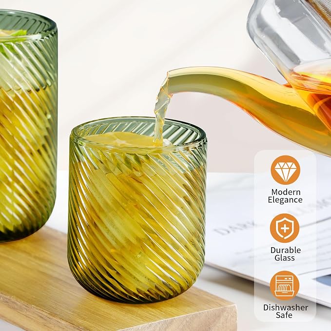 Set of 8 Ribbed Glassware,4 Highball Glasses 14oz & 4 Rocks Drinking Glasses 9oz, Origami Style, Fluted Design, for Milk, Water, Cocktail, Juice, Beer, ToothBrush Cup, Gif (Leaning Green) - Image 3