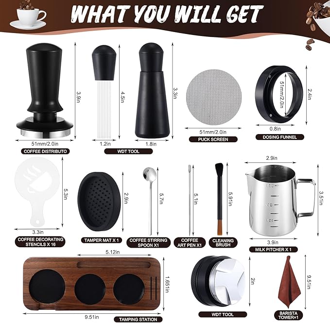13 Pcs Espresso Accessories Set 51mm Tamper WDT Espresso Distribution TOOL Kit Frothing Pitcher, Mat, Latte Art Pen, Sandalwood Tamping Station, Barista Towel, Brush and Decorative Stencils