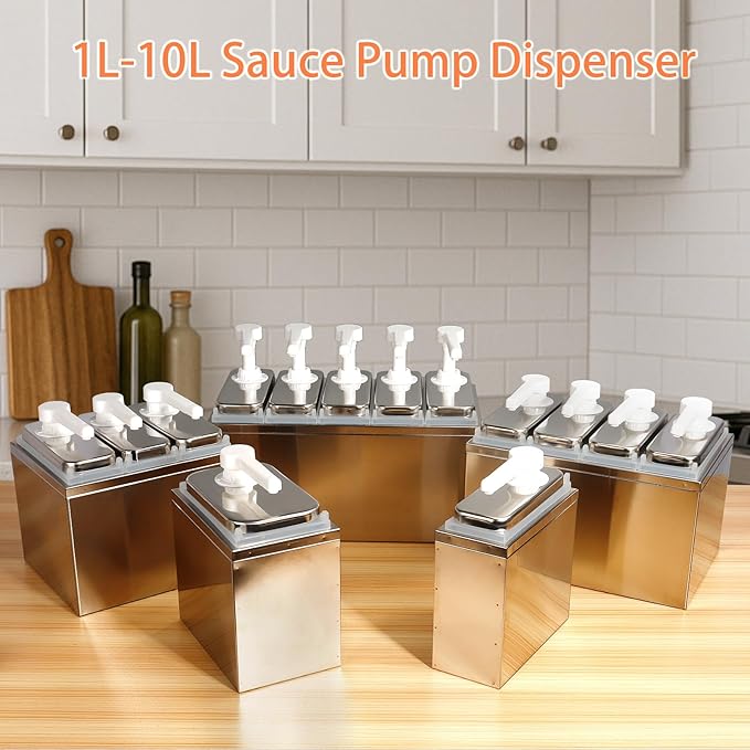 10.57 Quart Condiment Dispenser Pump,Syrup Pump Dispenser with Measuring Cup, Large Capacity Detachable Leak-Proof Design for Sauce, Honey, Syrup,Soy Sauce,Mustard,Cheese (2.11 QT, 5 pumphead)
