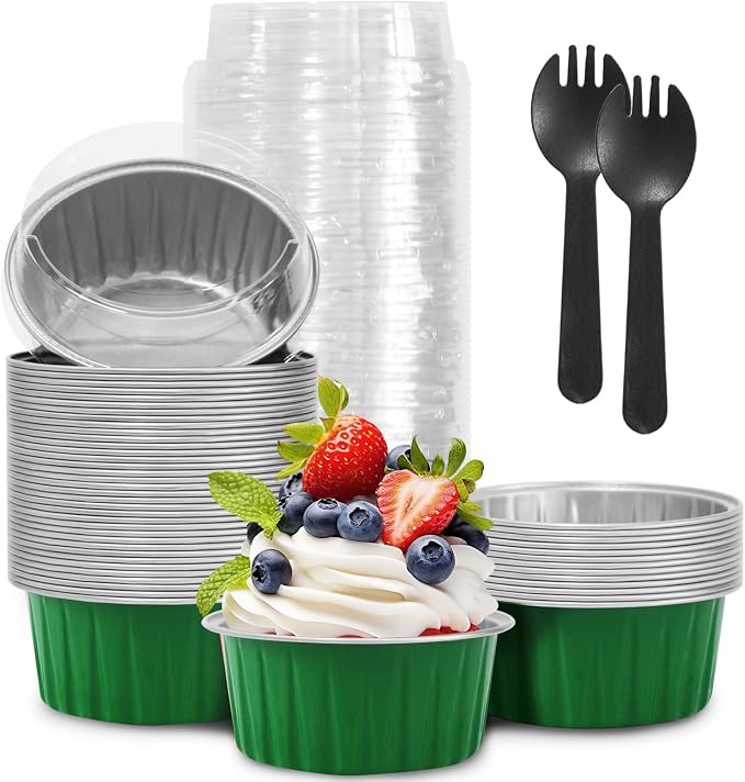 St. Patrick's Day 50Pcs Mini Aluminum Foil Cupcake,5oz Baking Cups with Lid | Green Disposable Ramekins for Christmas,Mini Cake Pans,Loaf Pan with Lids,Tin Cups Containers for Cupcake,Pudding,Cheesecake by YOIYINI