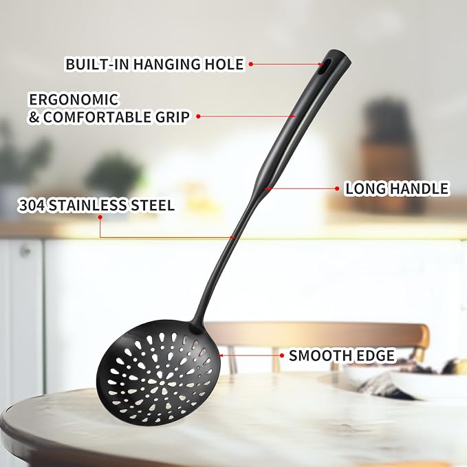 304 Stainless Steel Kitchen Cooking Utensils Set - 9 PCS Serving Utensils, Include Skimmer, Soup Ladle, Spaghetti Server, Wok Spatula, Slotted & Solid Spoon, Slotted Spatula Turner, Meat Fork (Black） - Image 4