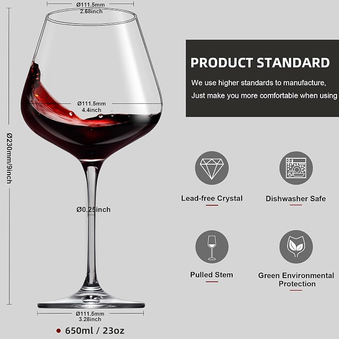 coccot Red Wine Glasses Set of 4, Hand Blown Italian Style Crystal Burgundy Wine Glasses, Lead-Free Premium Clear Glass [23 oz/650ml，4 Pack ] - Image 3