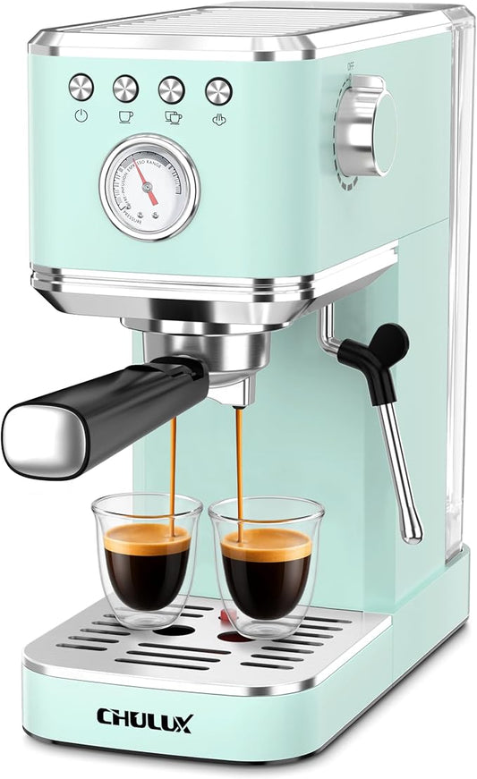 CHULUX Slim Espresso Machine with Milk Frother for Home Latte, Pastel Green | Precise Pressure Gauge, Food-Grade Materials, 20 Bar Italian Pump, Professional Temperature Control System, Stainless Steel by CHULUX