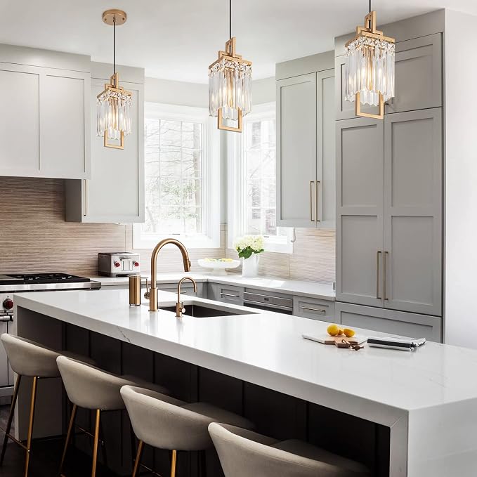 Modern Gold Pendant Light Fixtures for Kitchen Island and Dining Room, Industrial Small Hanging Crystal Chandelier Light Fixture for Bedroom Entryway Living Room Foyer Hallway 3-Pack - Image 4
