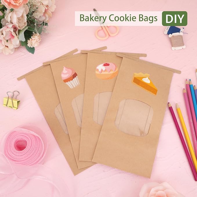 Moretoes 55pcs Medium Bakery Cookie Bags with Seal, 4.6x2.6x9.7In | Brown Kraft Paper Cookie Bags with Window, Seal by Tin Tie Tab, for Cookie Coffee Bread Bagel Bakery Gift Giving Packing - Image 5
