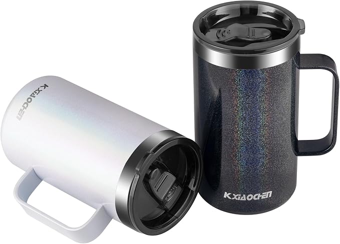 KXIAOCHEN 2-Pack 20 oz Insulated Coffee Mugs, Coffee Cups with Wide Handles | 18/8 stainless steel, sliding lids, 6+ hours hot or 12+ hours cold, wide mouth, no-sweat, for office, home, camping and gifts by KXIAOCHEN