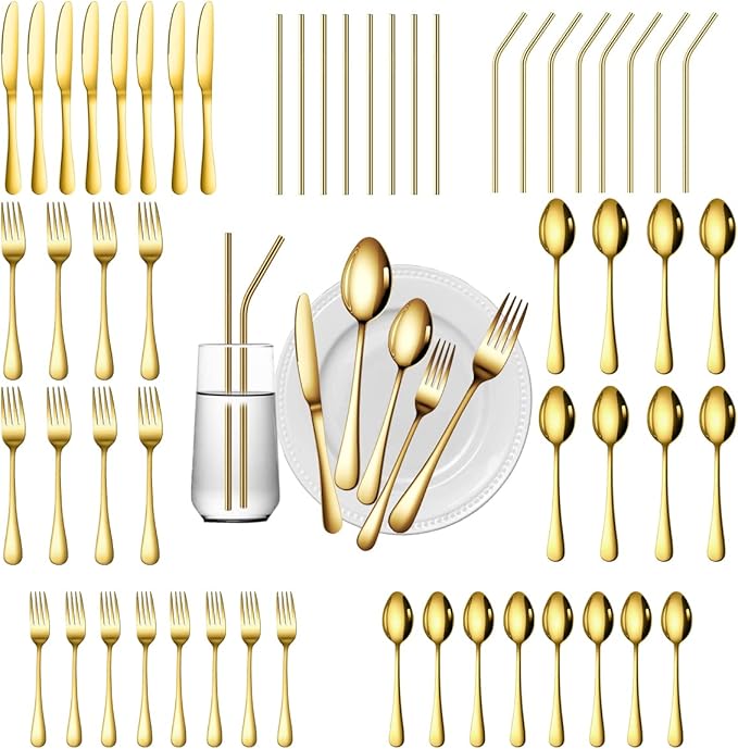 56 Pieces Gold Silverware Service for 8 Flatware Set with Straws Stainless Steel Utensils Cutlery Set Dishwasher Safe Flatware (Gold, 56) by Gutuwellea