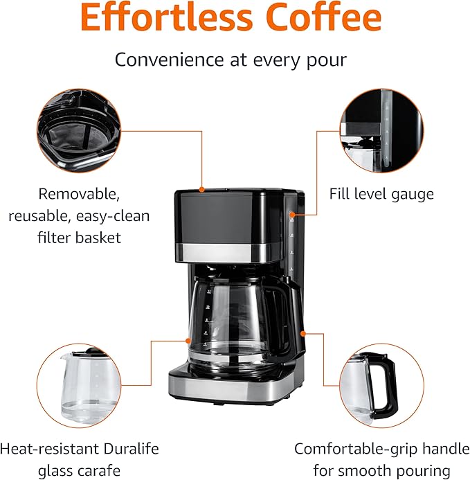 Amazon Basics 12 Cup Drip Coffee Maker with Glass Carafe (1.9 Qt), Auto Shut-off, Auto Pause, Removable Filter Basket, Black & Silver - Image 2