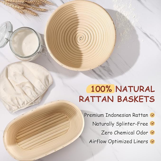 Sourdough Starter Kit, 9" Round & 10" Oval Sourdough Bread Baking Supplies Banneton Proofing Bread Baskets Set, Sourdough Tools Kit for Beginner and Professional Bakers, Bread Making Tools