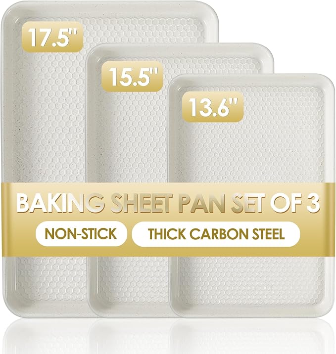 Baking Sheet Pan Set of 3, Nonstick Carbon Steel Cookie Sheets with Texture | Commercial Half/Quarter/Jelly Roll Pans Replacement Toaster Oven Tray, Heavy Duty & Easy Clean by Deedro