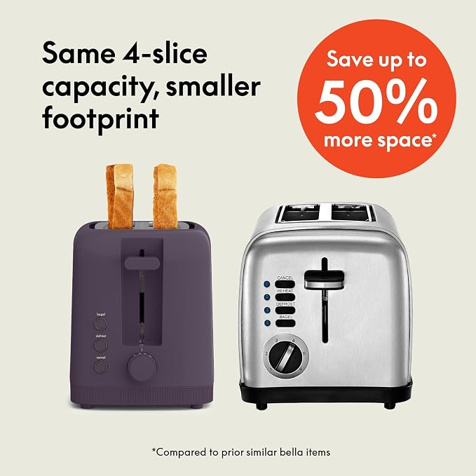 bella 4 Slice Slim Toaster, Fits-anywhere™ Kitchenware, 6 Setting Shade Control with Reheat & Cancel Buttons, Fits Sourdough, 10” Long Slot, Anti Jam & Auto Shutoff, 900 Watt, Plum - Image 3