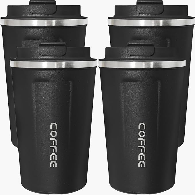 4 Pack Travel Coffee Mug 17oz Insulated Coffee Cup with Lid, Reusable Thermal Coffee Cup Stainless Steel Coffee Tumbler to Keep Hot & Cold Drinks for Car, Daily, Travel and Gifts, Black by Unknown