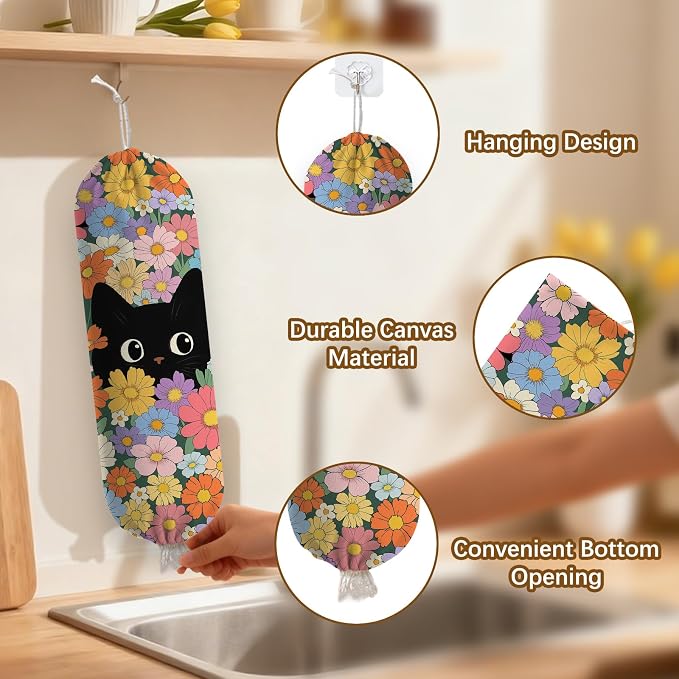 Floral Cat Plastic Bag Holder Dispenser, Plastic Grocery Bag Organizer & Wall Mount Paper Trash Bags Saver Storage for Kitchen Home Pantry Decor, Cat Kitchen Decor Shopping Bags Storage Dispenser - Image 3