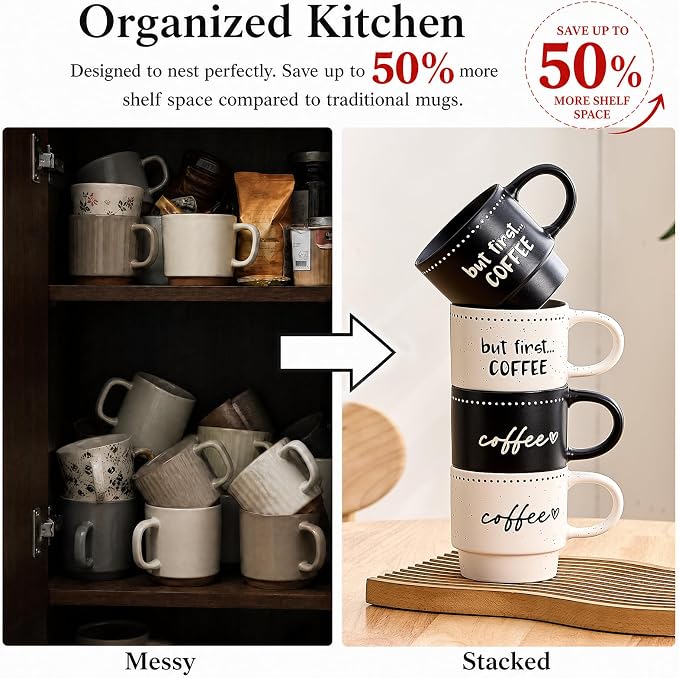 10oz Stackable Coffee Mugs Set of 4, Modern Ceramic Coffee Mug | Coffee Cup for Man, Woman, Dad, Coffee Mug Set for Hot Drinks, Coffee, Cocoa & Tea, Latte Mugs Cup Set for Home & Office Use - Image 4