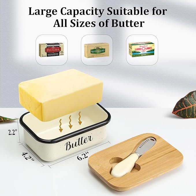 LANDNEOO Butter Dish with Lid and Butter Curler Knife, Unbreakable Metal Keeper Container Double Silicone Sealing, Speckled White, 6.2'L x 4.2' W x 2.2' H, 2 Sticks Capacity, Stainless Steel, Bamboo - Image 3