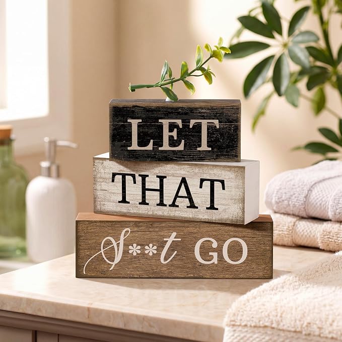 Moucuny 4 Pcs Bathroom Shelf Decor Sign Farmhouse Bathroom Decor and Accessories Rustic Eucalyptus Leaves Wood Block Sign Gift Let That Shit Go Funny Farmhouse Table Centerpiece for Home Office Toilet - Image 2