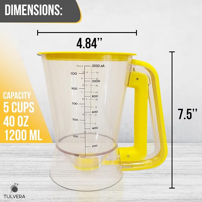 Pancake Batter Dispenser | 5-Cup Mix Pourer for Pancakes, Waffles, Crepes, Muffins, Cupcakes | Squeeze Handle, Portion Control Pitcher, Durable Drip-Free Design | Baking Accessories (Classic Yellow) - Image 4