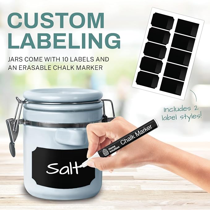 Home Intuition 4-Piece Ceramic Kitchen Canisters Set, Airtight Containers with Wooden Spoons Reusable Chalk Labels and Marker for Sugar, Coffee, Flour, Tea (Light Blue) - Image 2