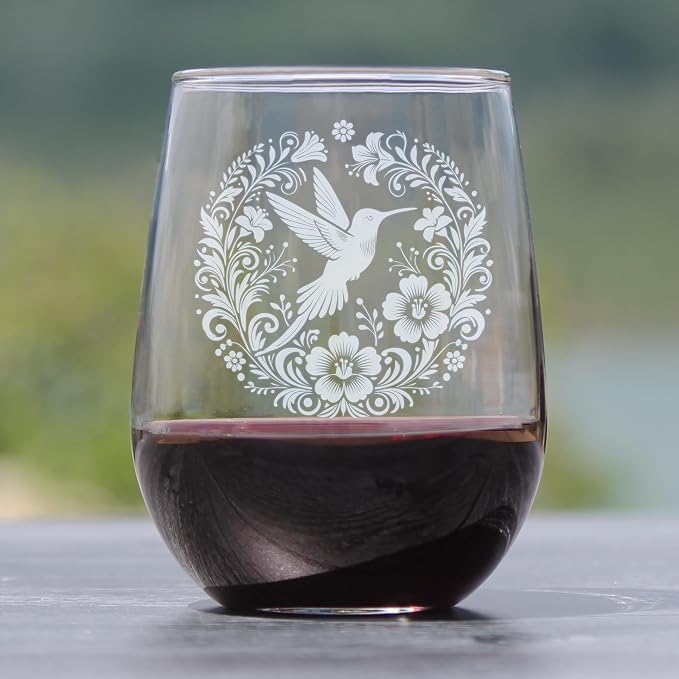 Hummingbird Floral Hand Engraved Stemless Wine Glass, Elegant Etched Bird Art Nature Lover Bohemian for Her, 17oz Glassware - Image 2