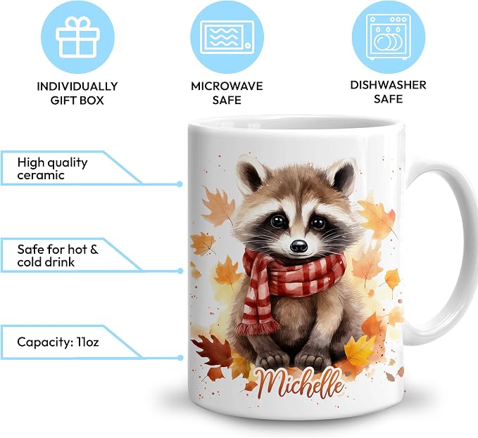 Hyturtle Personalized Fall Raccoon Maple Leaves Mug, Fall Autumn Décor | Birthday Gifts For Raccoon Lovers - Unique Autumn Gift Ideas For Thanksgiving - Custom Name 11oz White Ceramic Coffee Tea Mu - Image 3