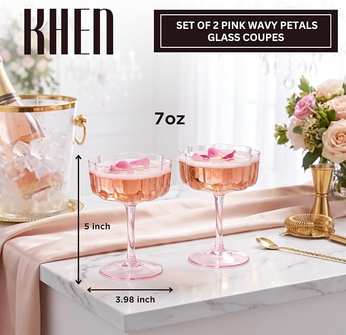 Khen Flower Vintage Wavy Petals Wave Glass Coupes 7oz Colorful Martini, Champagne & Cocktails - 2 Set - Rippled & Champagne Glasses, Bar Glassware Copyright Design (Pink) - Image 2
